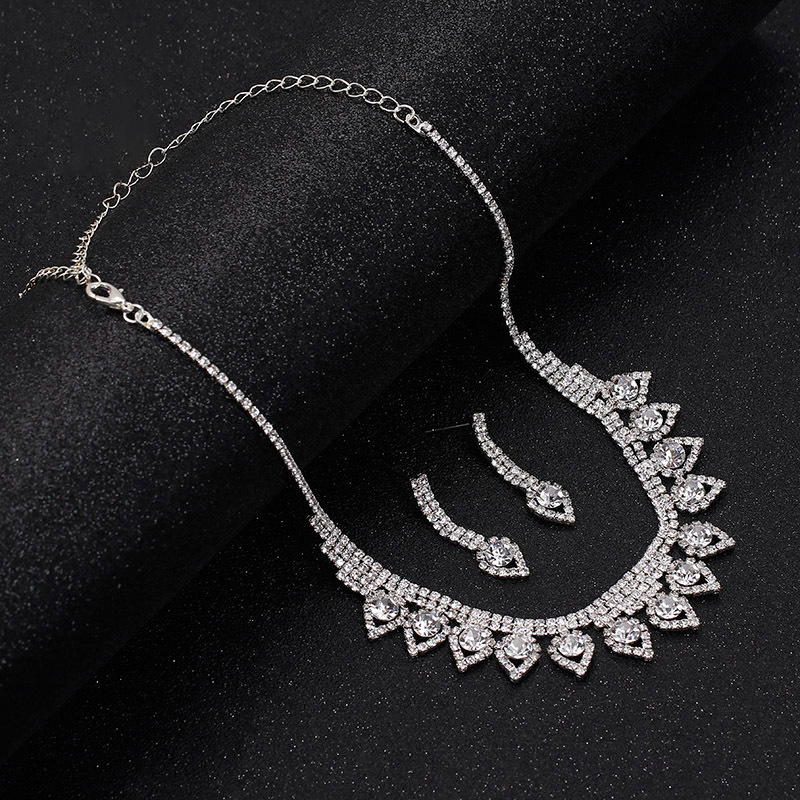 Aliexpress best-selling water diamond set, tassel bride necklace, earrings, water drop set chain, high-end wedding accessories ZN008 Specification drawing