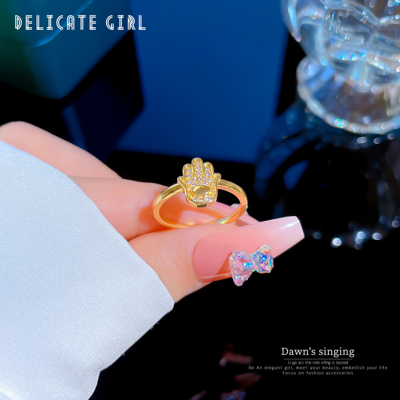 【 Real Gold 】 Korean version full diamond palm ring with adjustable opening, simple jewelry, Japanese-style ring couple rings details Picture