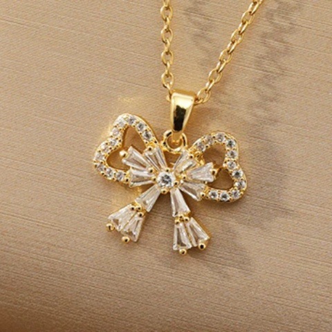 New women's necklace with micro-inlaid zircon bow water drop necklace, Japanese and Korean style niche design collarbone chain accessory wholesale Specification drawing