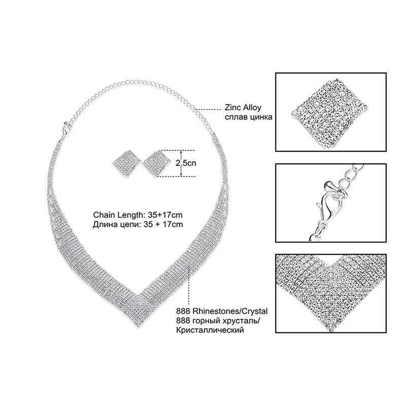 The elegant and shiny V-neck square earrings, earrings and necklace set N5424, a cross-border bestseller of bride accessories from Europe and America Specification drawing