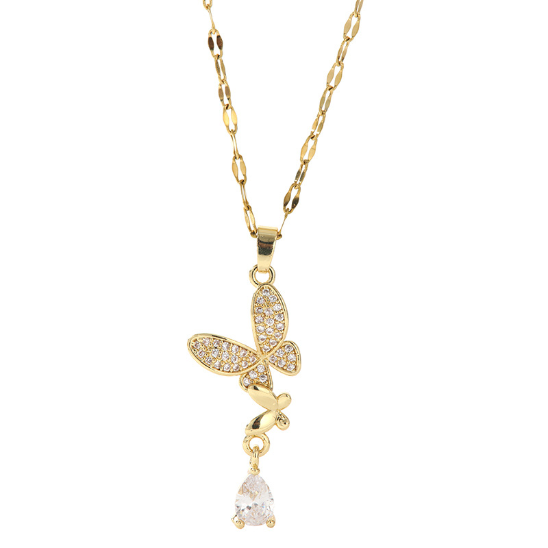 Cross-border best-selling butterfly titanium steel necklace for women, studded with diamonds, exudes an exquisite and light luxury feel. It is a diamond-encrusted collarbone chain accessory that does not fade Item Picture