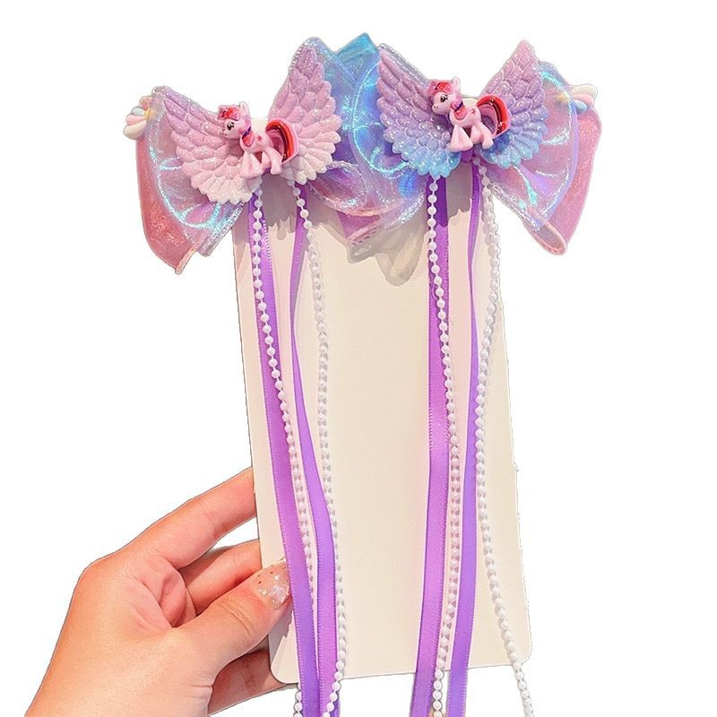 Children's pearl mesh gauze float cartoon super fairy princess ribbon braided hair headwear, little girl bow hair clip hair accessory Item Picture