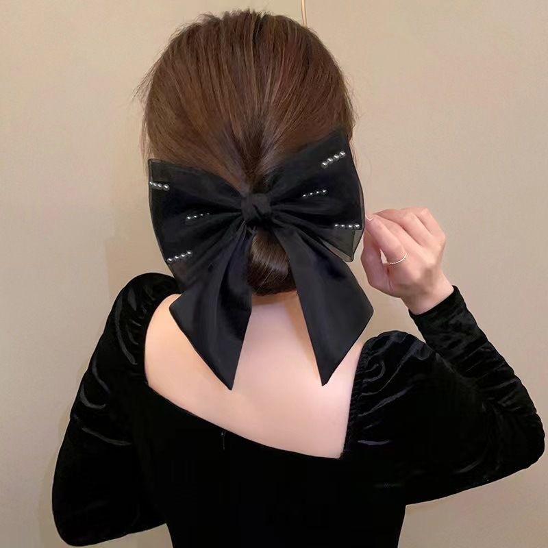Mesh pearl black bow hair clip, women's back head coil spring clip, high-end satin top clip hair accessory Specification drawing