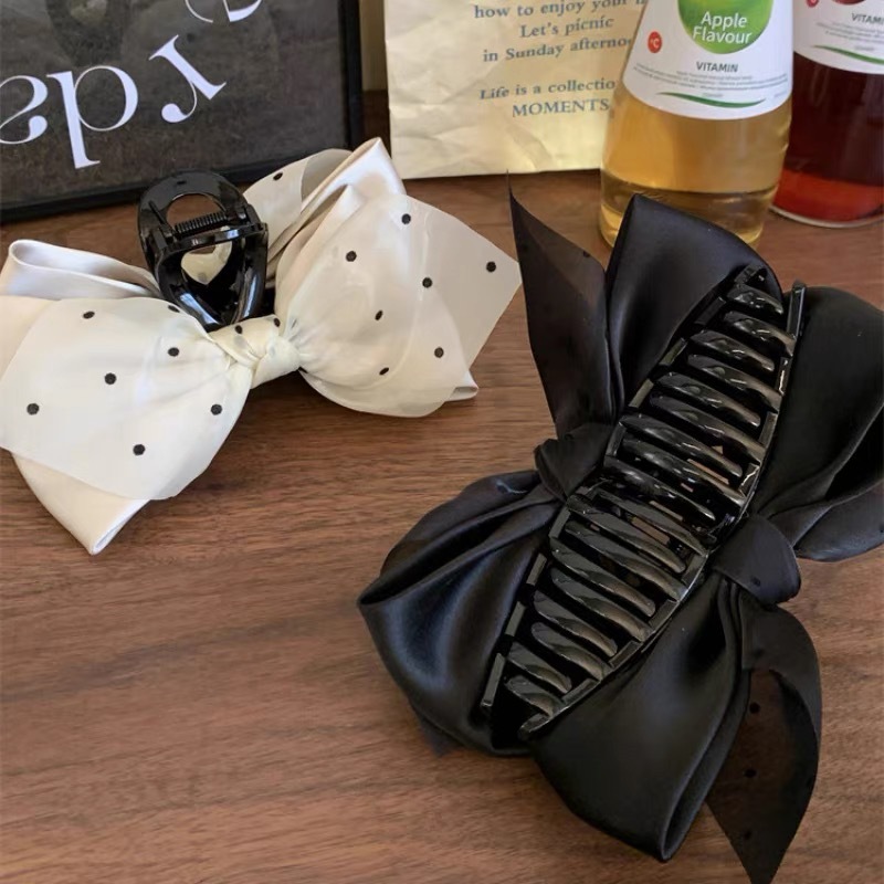 Black and white polka dot mesh bow clip women's 2024 new style back head updo shark clip high-end hair accessory headwear Specification drawing