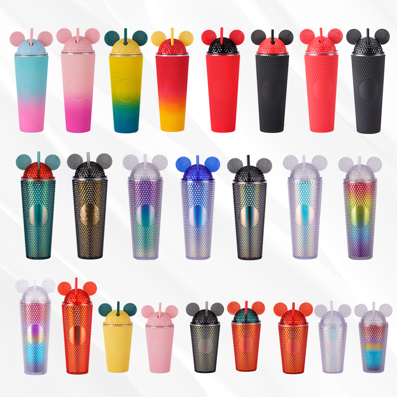New cross-border Amazon double-layer plastic straw cup, large-capacity creative sharp hand cup, portable cat ear cap durian cup Item Picture