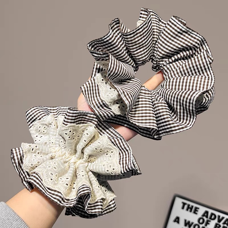 Checkered lace large intestine hair tie with four layers of flower buds, large skirt hem hair tie, Maillard color series bun hair tie headwear full figure