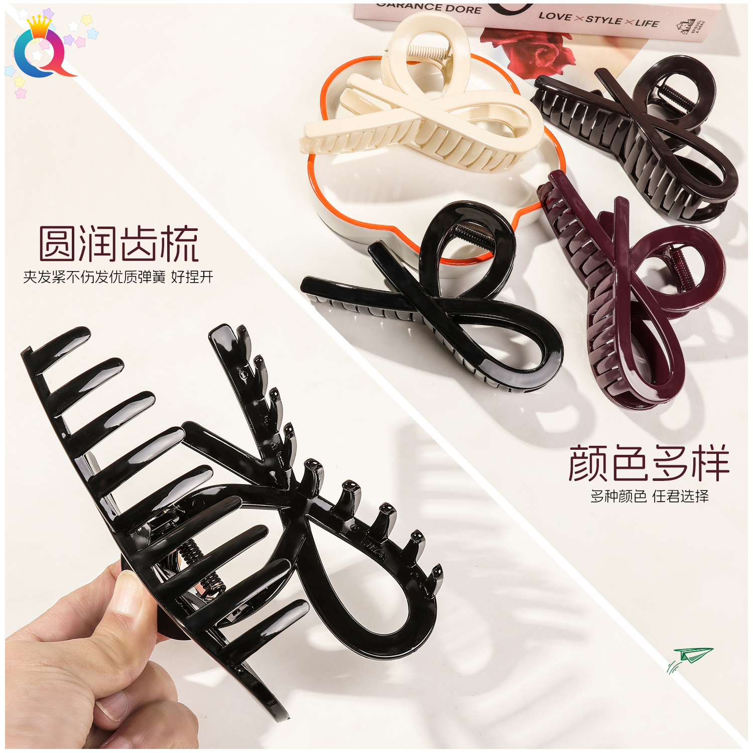 Qiyue Cross-border PC large bow tie Hair clip, autumn and winter updo hair clip, back of the head hair tie, shark clip hair accessory wholesale Specification drawing