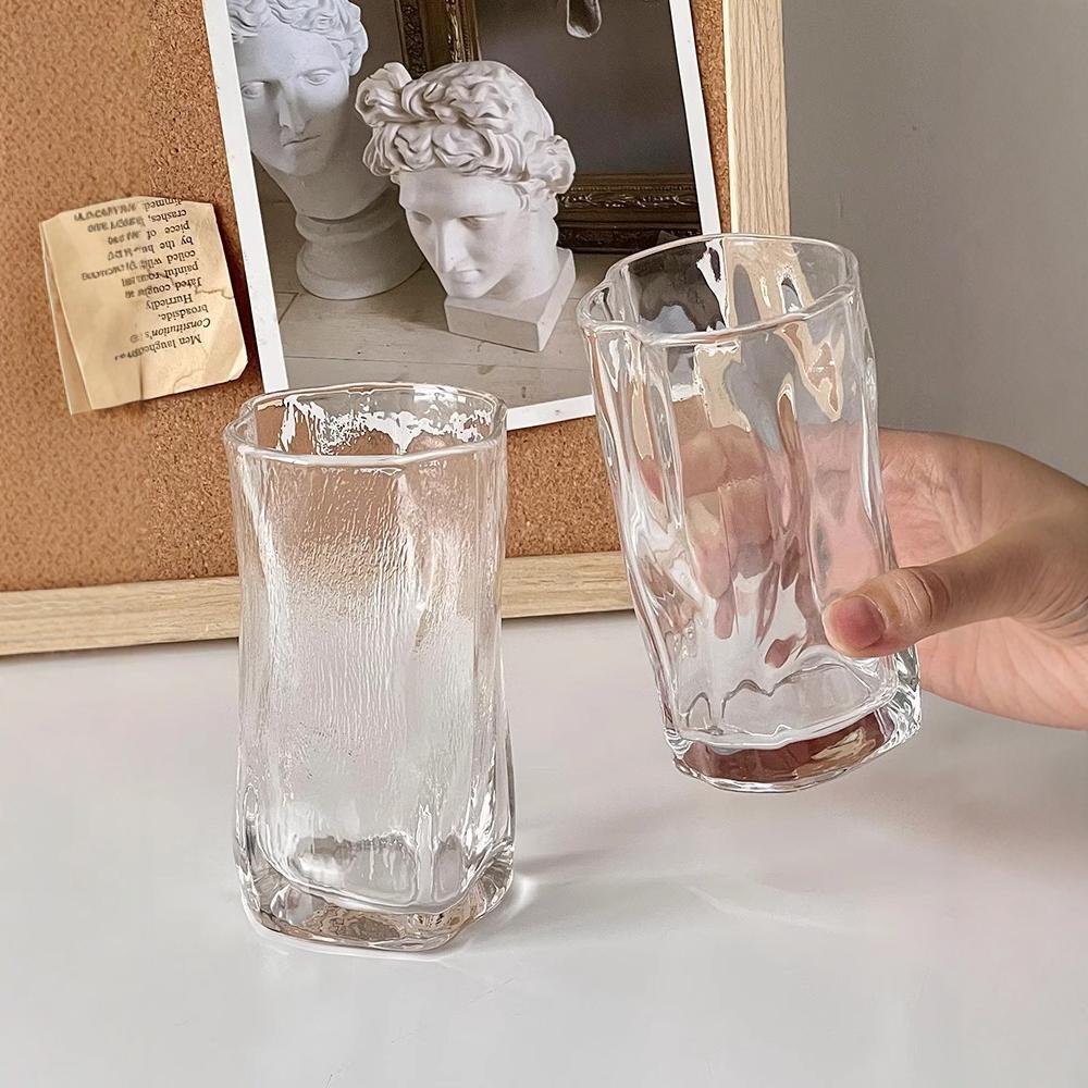 Irregular twisted cup, InS-style home iced American coffee cup, latte cup, glass water cup, juice drink cup Specification drawing