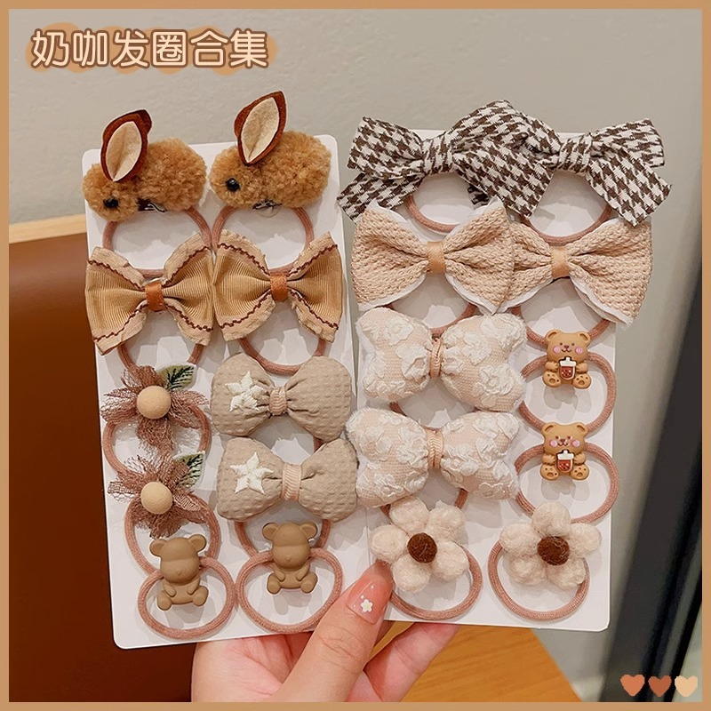 A ten-piece set of children's hair bands in milk coffee color, high elasticity and no damage to hair, rubber bands and hair ties for tying hair, cute baby hair accessories Application Scenario