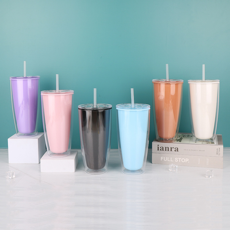 【 Processing and Customization 】 Wholesale of new plastic water cups for men and women, high appearance level double-layer straw cups, creative couple cups full figure