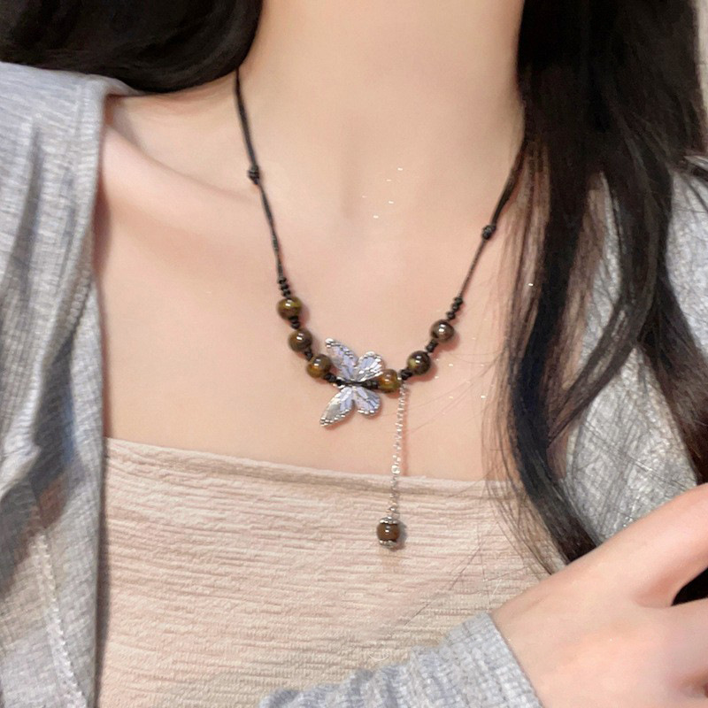 New Chinese-style butterfly necklace, national trend ancient-style collarbone chain, drawstring neck chain, creative ethnic style fashionable beaded collarbone chain Specification drawing