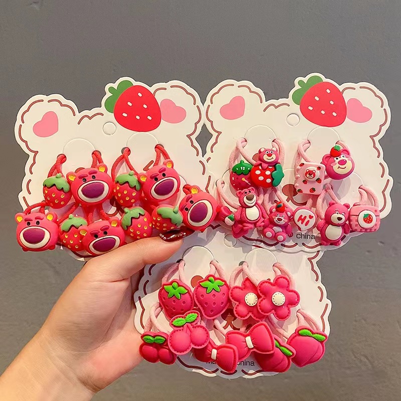 Cute cartoon rose-red bear hair tie for children and little girls, baby strawberry bear ponytail hair band Specification drawing