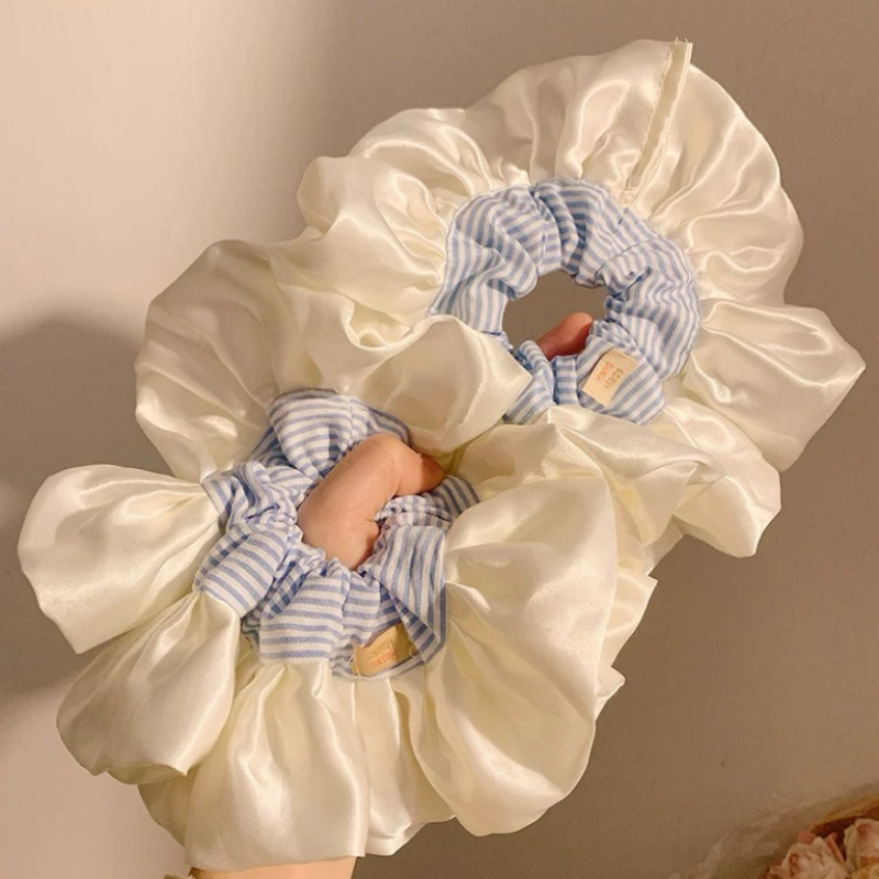 Korean-style oversized blue striped satin large intestinal hair band, a laid-back and stylish bun hair accessory for girls full figure