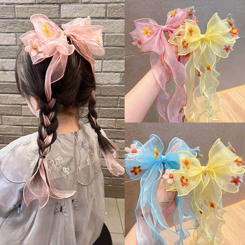 Children's hair accessories, flower bows, ribbon hair clips, girls' braided hair nets, gauze hair clips, princess summer super fairy-like hair bands for girls details Picture