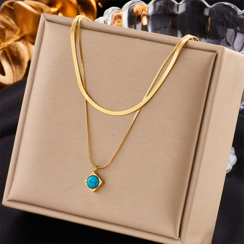 A double-layer chain titanium steel turquoise square pendant necklace with a fashionable and retro style from Europe and America full figure