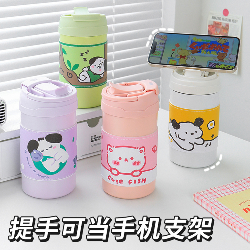 Cartoon insulated cup, 316 stainless steel, cute water cup for girls, portable hand-held, double-drinking straw cup for children to go to school details Picture