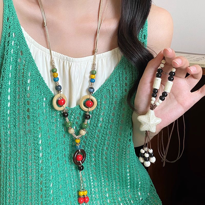 Bohemian-style ceramic starfish beaded necklace for women, retro ethnic style seaside vacation woven rope long accessory Specification drawing