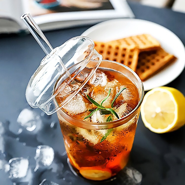 Simple ins large-capacity water cup, glass straw cup with lid, juice drink cup, heat-resistant high borosilicate coffee cup details Picture
