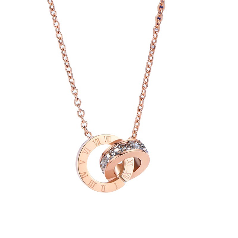 Titanium steel necklace for women, Korean version Roman numeral double ring pendant, ins trendy diamond-encrusted collarbone chain, personalized design sense necklace Item Picture