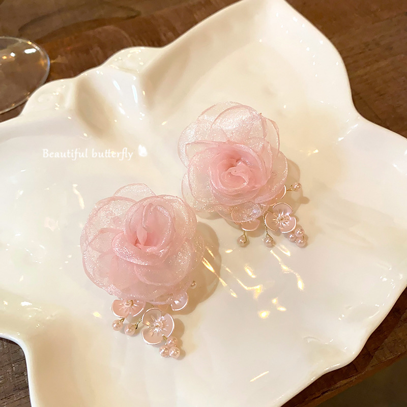 Sweet pink tulle flower earrings for women, spring and summer, high-end forest-themed tassel earrings, 2025 new fashion earrings Specification drawing