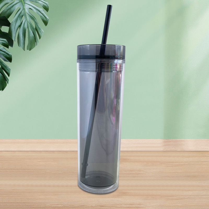【 Processing and Customization 】 Plastic double-layer straw cup, transparent straight tube cup, multiple colors available, casual 500ml plastic cup Specification drawing