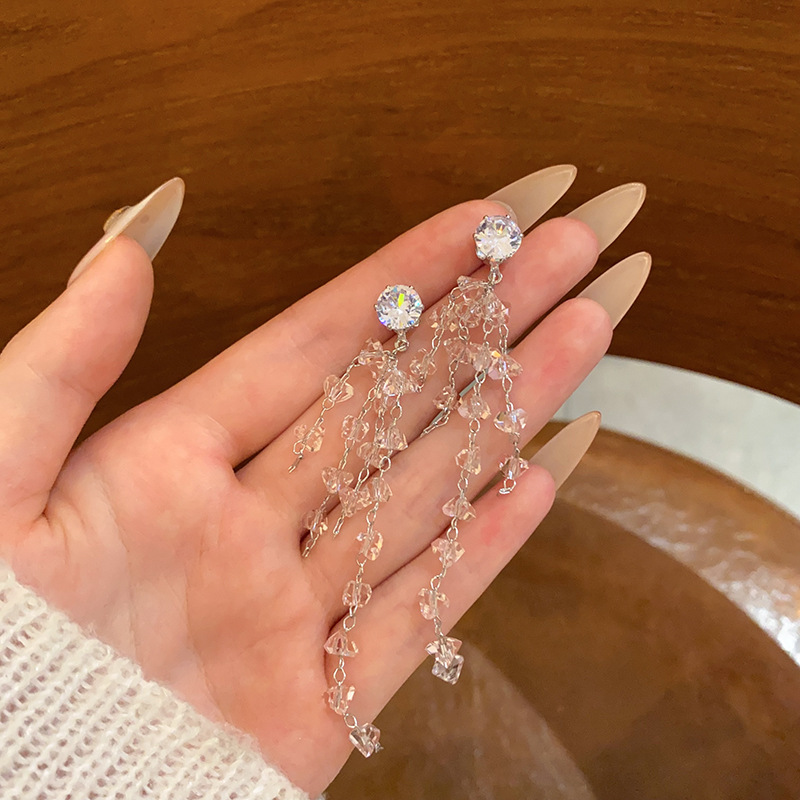 Long diamond-encrusted crystal tassel earrings for women, 2025 new style, high-end, light luxury, exquisite stud earrings, sweet and elegant earrings details Picture