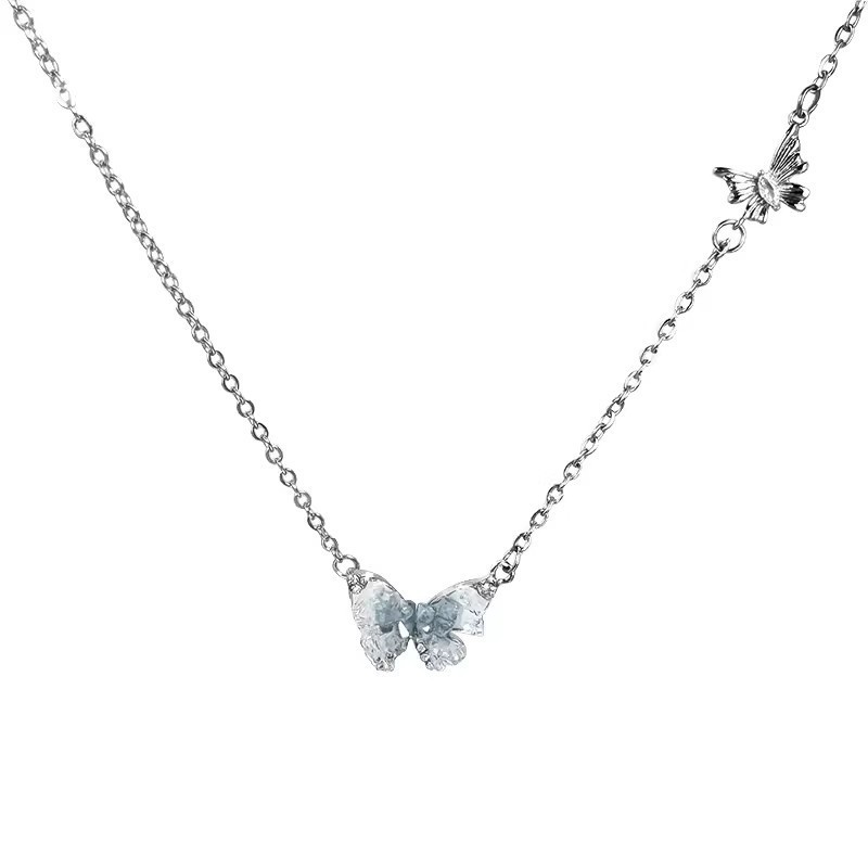 Ice crystal gradient pearl butterfly tassel necklace, a summer bestseller for women, with a high-end collarbone chain and a sweet and cool style neckchain accessory Item Picture
