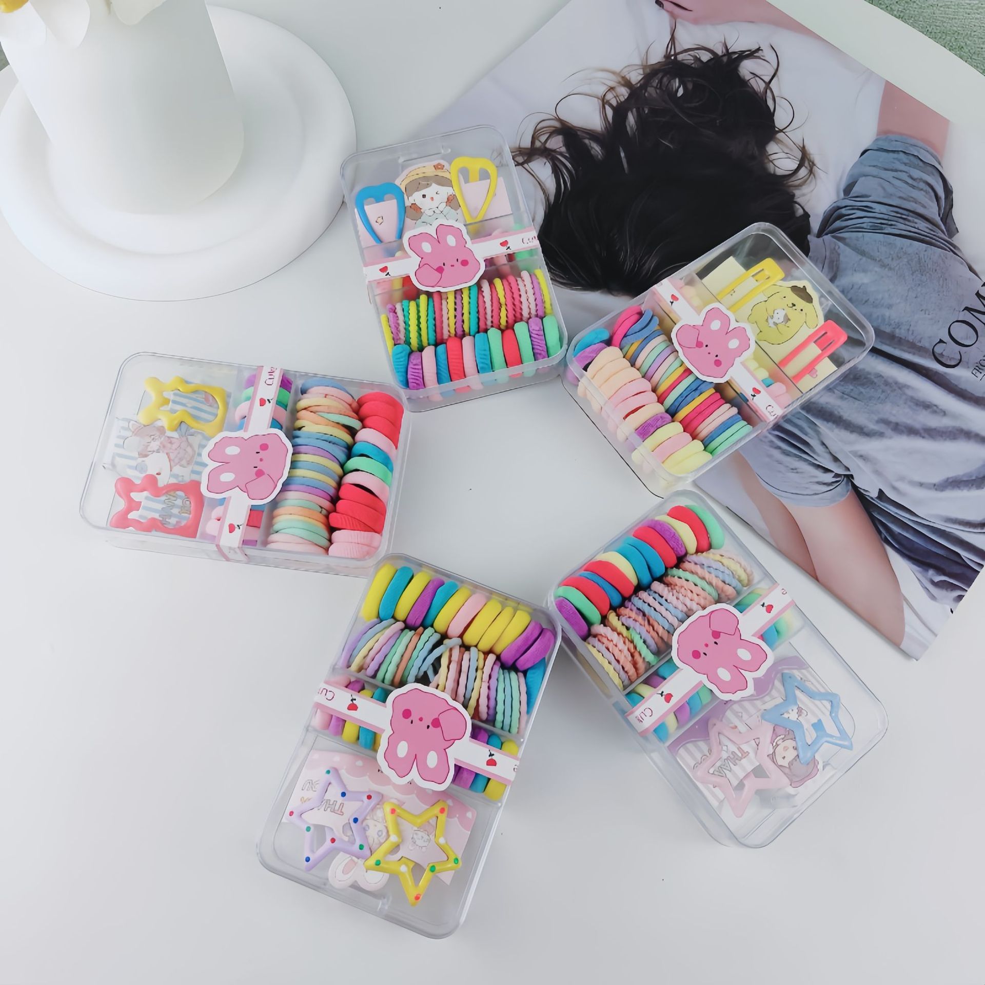 Children's colorful thumb noodle hair band non-damaging square box set, new small band non-damaging hair combination set Specification drawing
