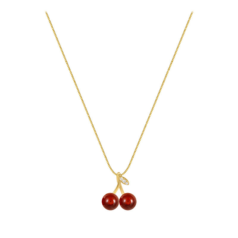 Wholesale of the new red cherry pendant necklace from South Korea, featuring a light luxury style for women, a niche charm, versatile and high-end collarbone chain Item Picture