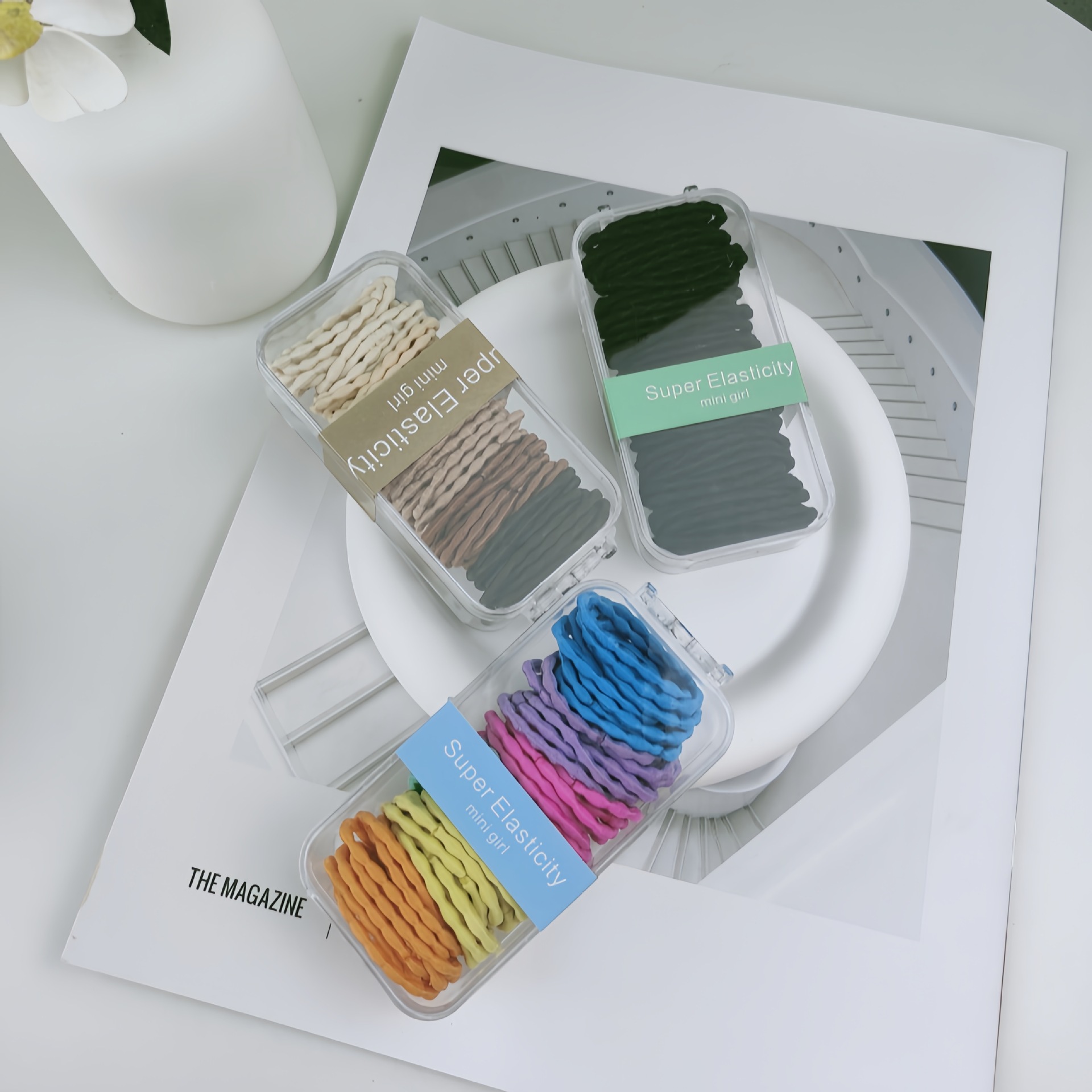60 colorful, simple and basic bean-style smooth hair bands, high-elasticity, versatile and durable children's ponytail hair ties in a box Specification drawing