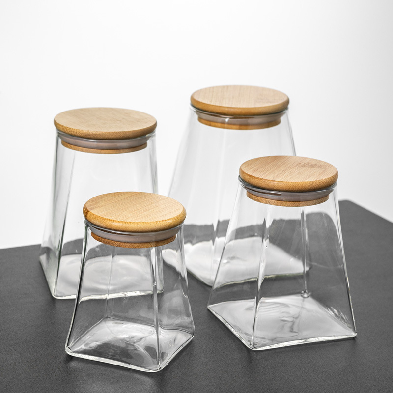 Wholesale tea cans, household irregular storage cans, large-capacity bamboo lid glass sealed cans for storing grains and cereals details Picture