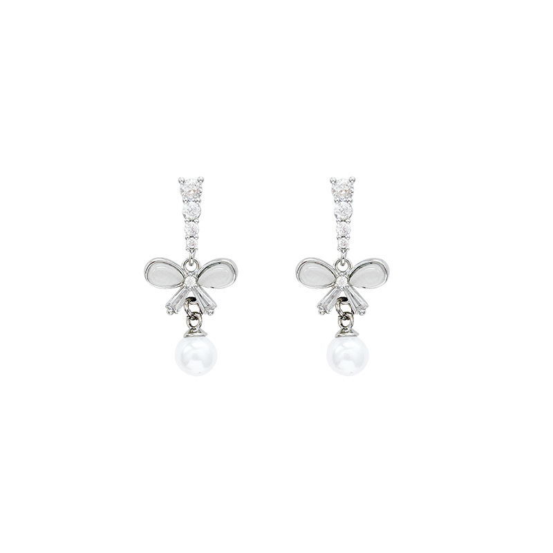 Diamond-encrusted cat's eye stone tassel bow stud earrings, women's niche design sense pearl earrings, summer bestsellers wholesale Item Picture