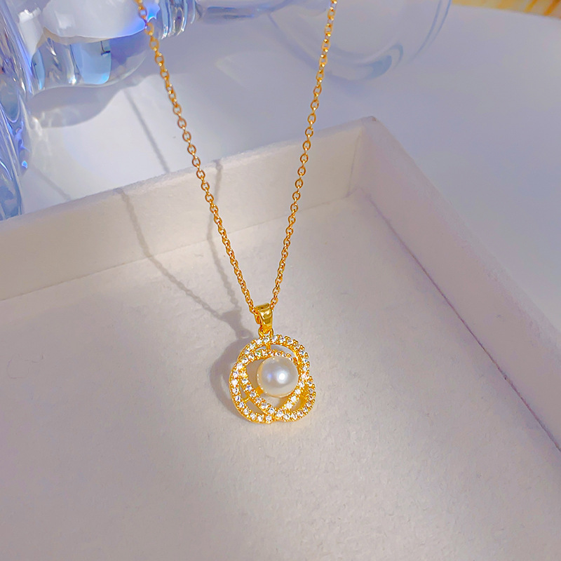 Korean style zircon pearl necklace, women's camellia full diamond collarbone chain, titanium steel high-end accessory details Picture