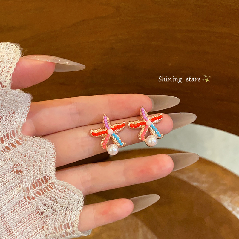 Silver needle coral, colorful starfish, pearl stud earrings, sweet girl's seaside vacation earrings, unique and elegant earrings for women full figure