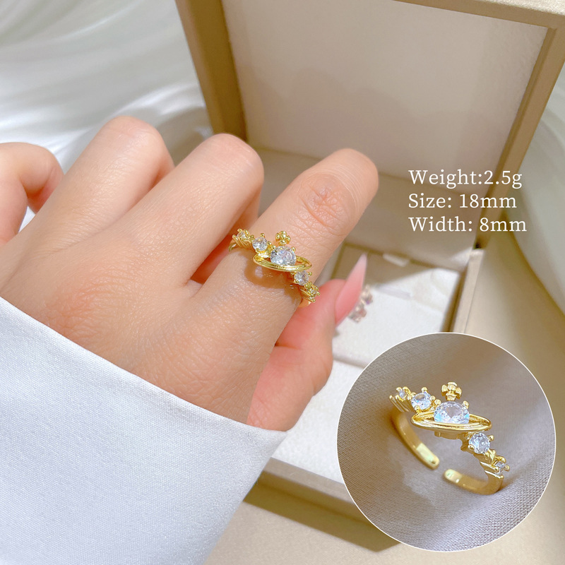 【 Real Gold 】 Zircon Planet Full Diamond ring with adjustable opening, simple Japanese-style bracelet, couple rings full figure