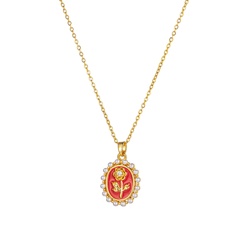 Red oil-dripping rose pearl necklace, a unique and luxurious design for women, is a fashionable and versatile Valentine's Day accessory for the collarbone Item Picture