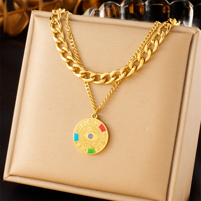 Cross-border fashion, retro and personalized gold-plated compass pendant, double-layer chain stainless steel heavy industry jewelry necklace full figure