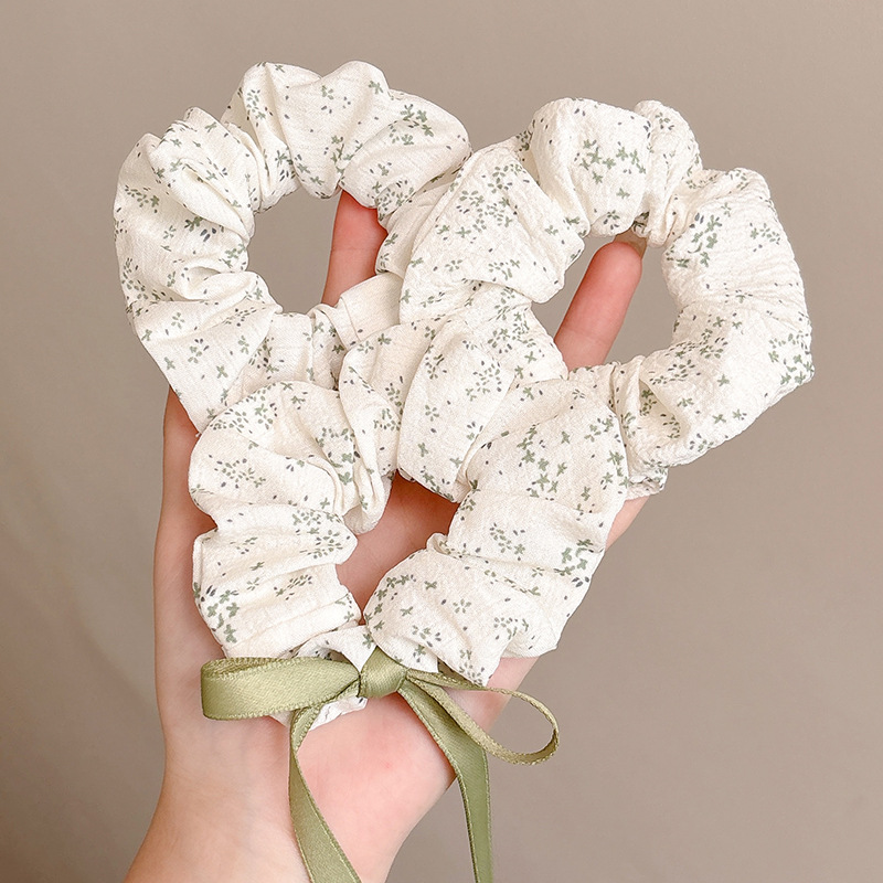 New spring and summer red bean paste green fresh floral large intestine hair band, pure cotton bow webbing teenage hair rope headwear for girls details Picture
