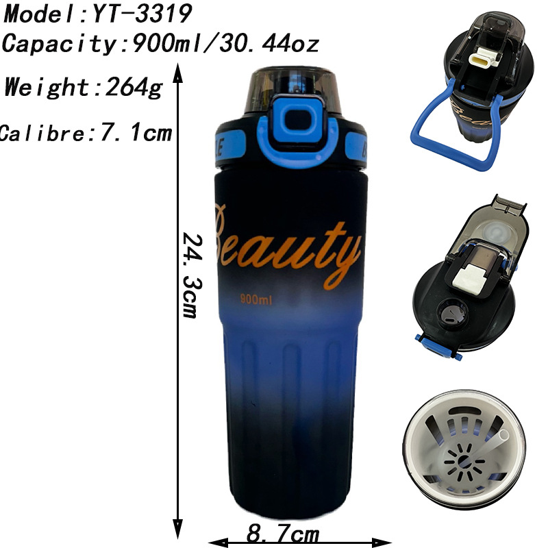 Wholesale high-quality double-drinking plastic cups, portable handles, sports water bottles, gradient color water bottles, 900ml, cross-border e-commerce Application Scenario