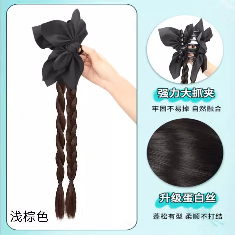 Wig clip, ponytail, female, black bow, braid, hair clip, realistic hair, Chinese-style, semi-braided wig Application Scenario