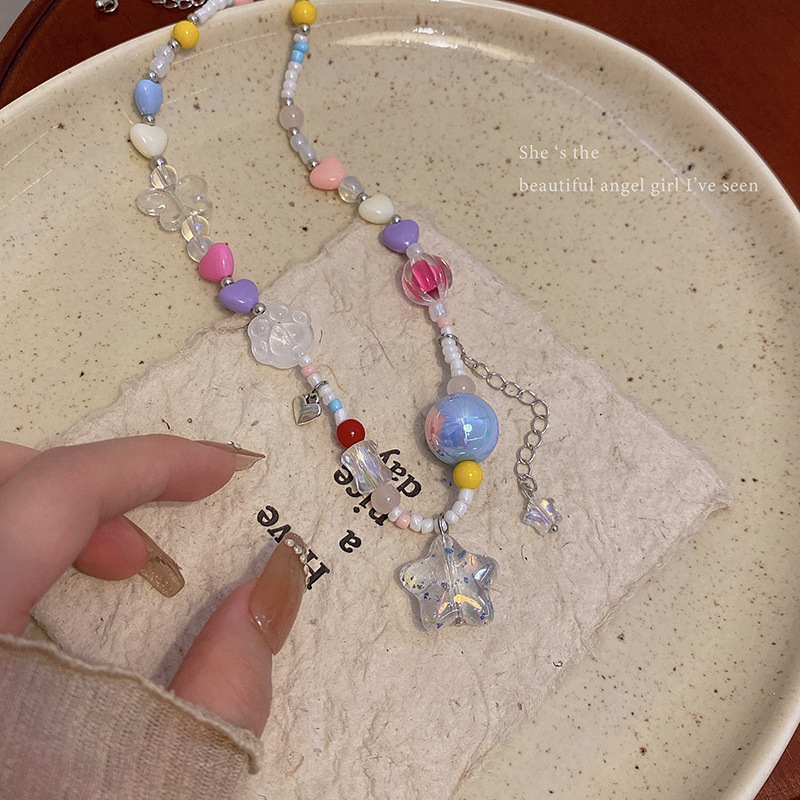 The Blue Star colorful candy beaded necklace is a niche design for women, a popular dopamine-sweet cool style collarbone chain details Picture