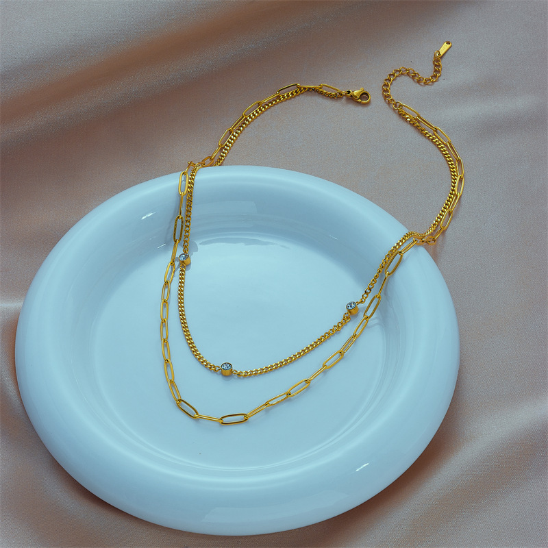 A fashionable, simple and niche double-layer diamond-encrusted chain titanium steel metal hip-hop punk trend versatile necklace Specification drawing