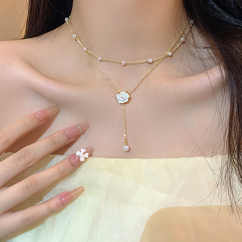 Double-layer stacked camellia pearl necklace for women, light luxury and versatile, elegant collarbone chain, niche design jewelry wholesale details Picture