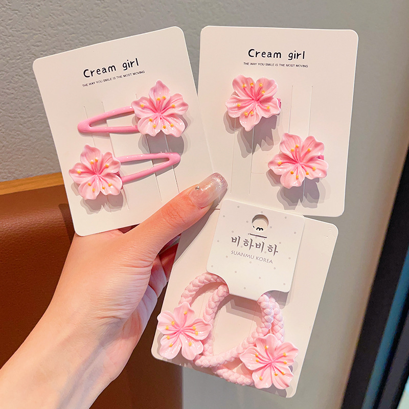 Pink cherry blossom clips, children's hair clips, rubber bands, wavy edge clips, little girl hair bands, hair ties, hair clips, no damage to hair, headwear Specification drawing