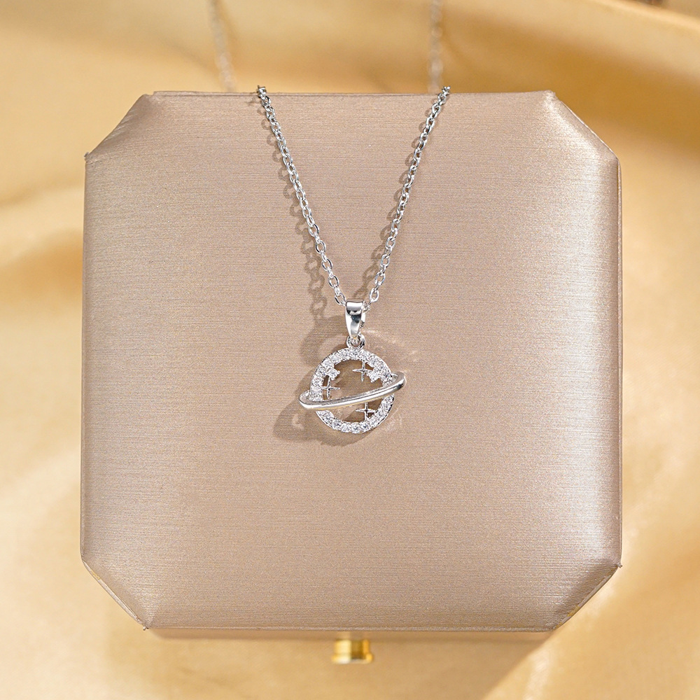 Ins-style personalized asteroid planet pendant titanium steel necklace, women's micro studded with diamonds, versatile collarbone chain accessory details Picture