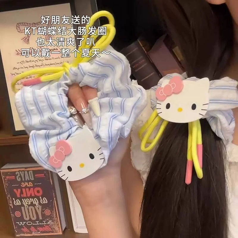 Korean-style KT cat bow tie large intestine circle hair band for women, refreshing blue striped large hair band headband, bun hair band Specification drawing