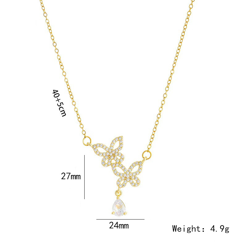 Korean style double butterfly titanium steel necklace for women, zircon water drop tassel pendant, fashionable and light luxury accessory wholesale Item Picture