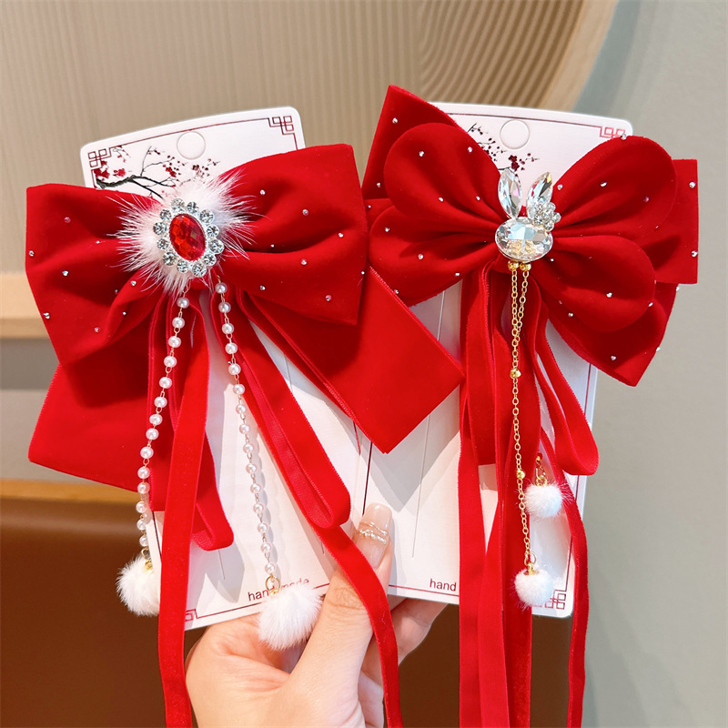 Children's New Year headwear, festive ribbons, back-pressing hair clips, Chinese-style Hanfu hair accessories, girls' New Year ancient-style hair clips details Picture