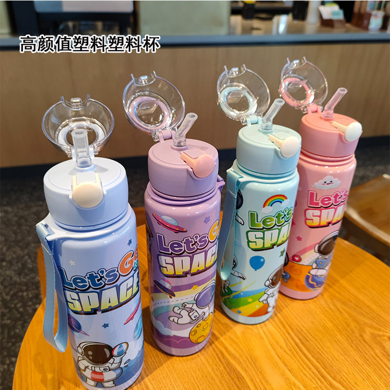 Bouncing lid cross-border new cartoon astronaut water cup, children's portable portable cup, straw water cup, plastic cup details Picture
