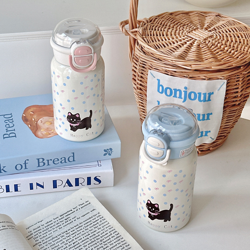 New ins style high appearance level double-drinking thermos cup, large-capacity stainless steel water cup for girls, cute little black cat cup details Picture